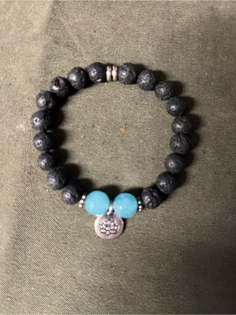 Black Lava Bead Bracelet with Turquoise Accents and Lotus Charm